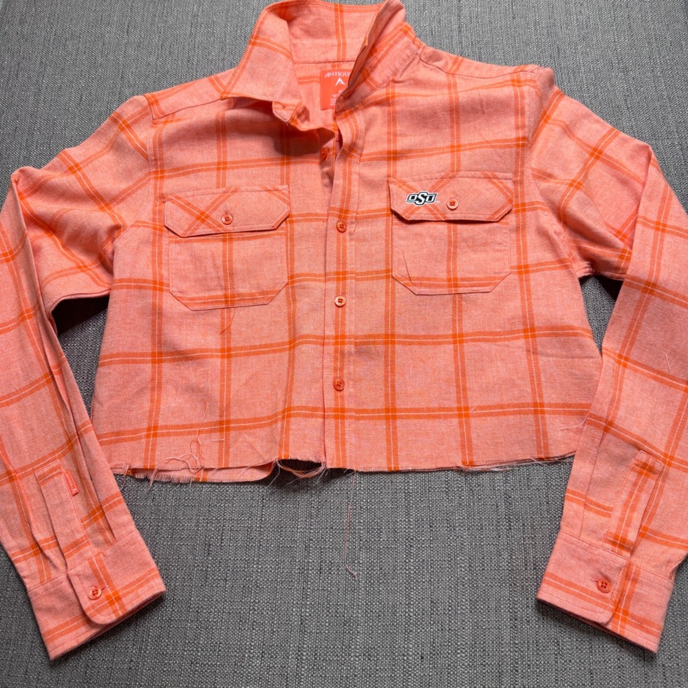 Antigua OSU Oklahoma State University Cropped Flannel Shirt Orange Plaid Medium